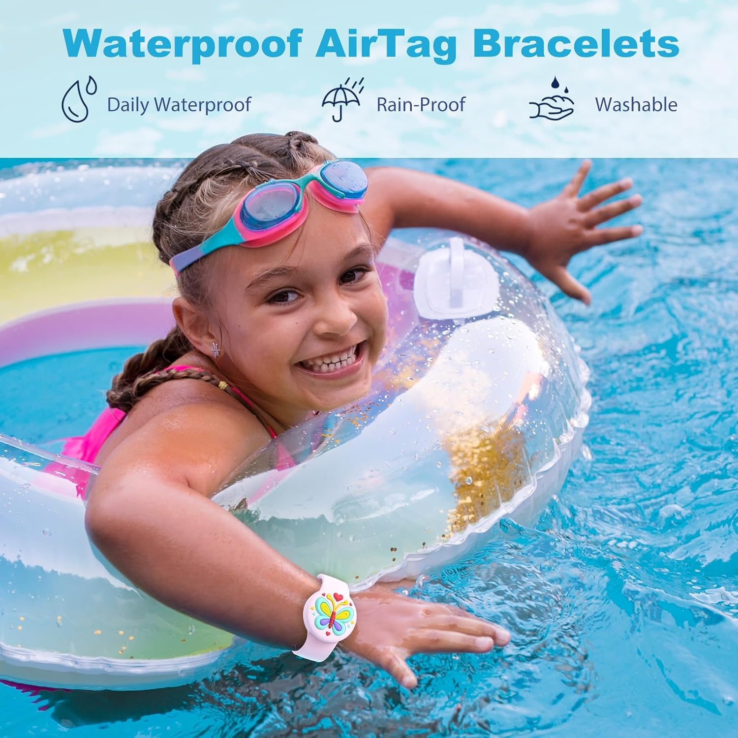 image:imageWaterproof Air tag Bracelets for Kids 2 Pack Soft Silicone Hidden Air tag Wristband Lightweight GPS Tracker Holder Compatible with Apple Airtag Band for Child WhiteDark BluePinkPurple