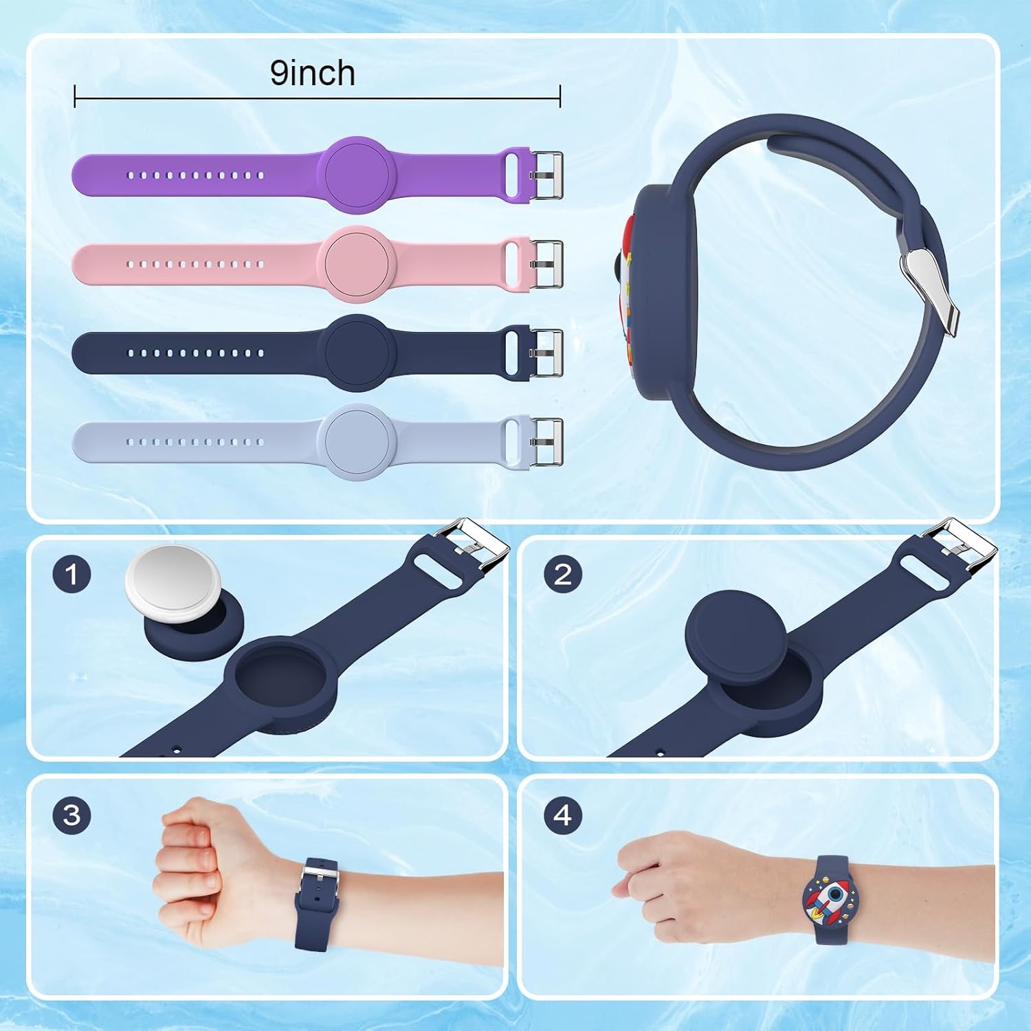 image:imageWaterproof Air tag Bracelets for Kids 2 Pack Soft Silicone Hidden Air tag Wristband Lightweight GPS Tracker Holder Compatible with Apple Airtag Band for Child WhiteDark BluePurpleNavy Blue