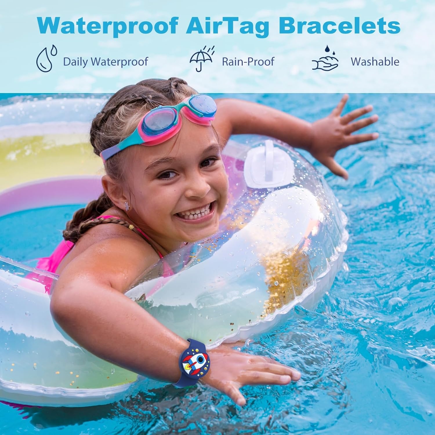 image:imageWaterproof Air tag Bracelets for Kids 2 Pack Soft Silicone Hidden Air tag Wristband Lightweight GPS Tracker Holder Compatible with Apple Airtag Band for Child WhiteDark BluePurpleNavy Blue