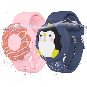 Waterproof Air tag Bracelets for Kids (2 Pack) – Soft Silicone Hidden Air tag Wristband – Lightweight GPS Tracker Holder Compatible with Apple Airtag Band for Child (White/Dark Blue)(Penguin/donut)