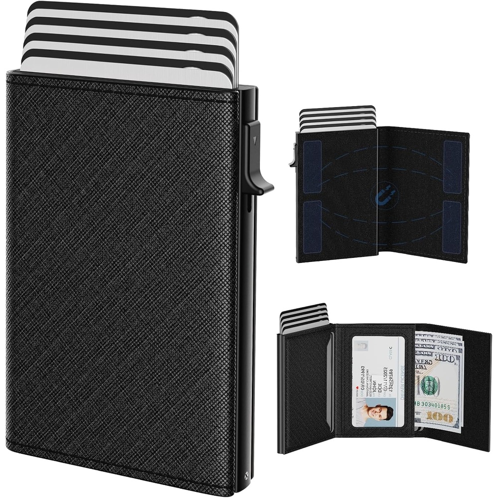 image:imagetypecase Mens Wallet Card Holder Pop Up Aluminum Case Genuine Leather Smart RFID Blocking Slim Minimalist Front Pocket  914 Card Capacity  ID Window  Cash Slot Antique Brown Cross Black