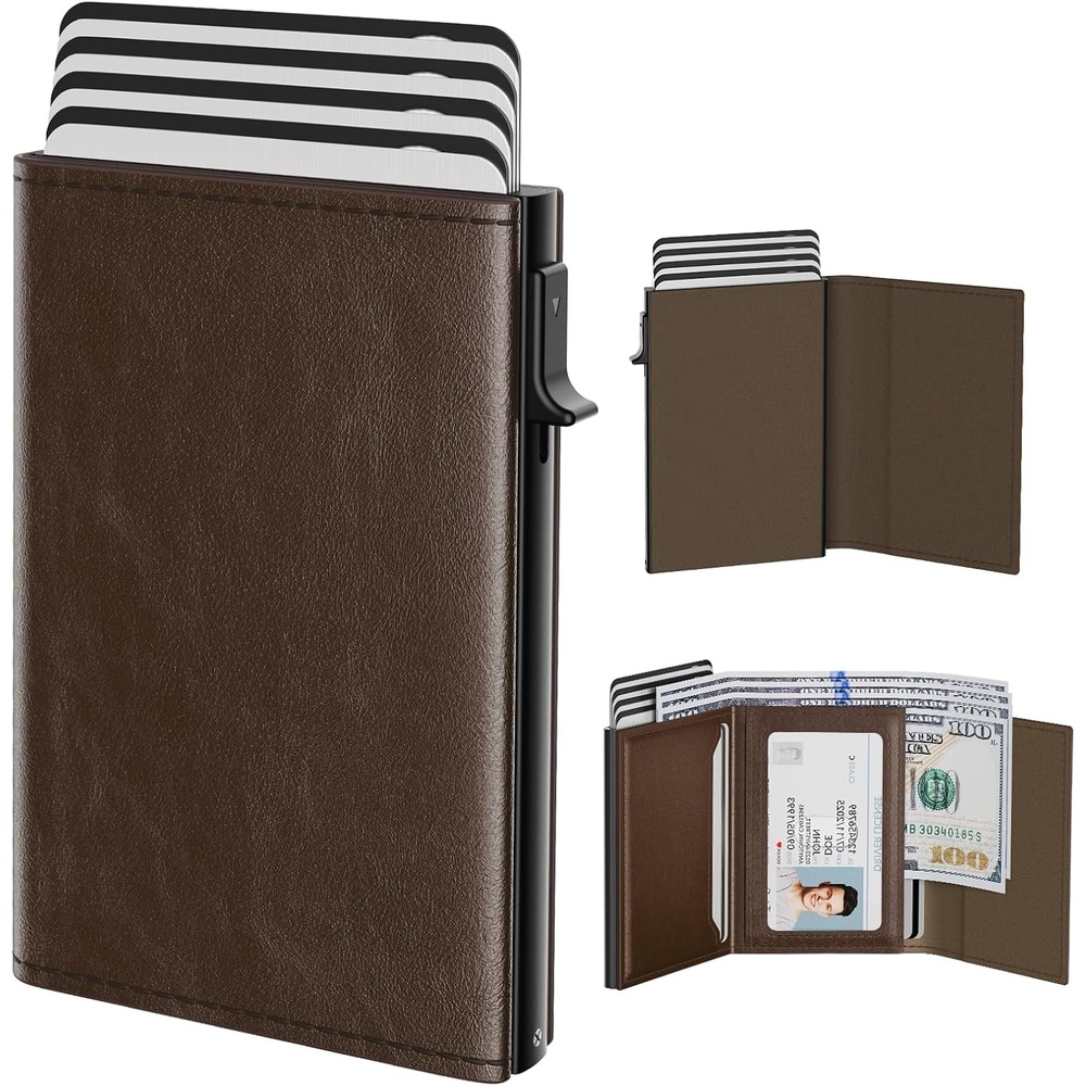 image:imagetypecase Mens Wallet Card Holder Pop Up Aluminum Case Genuine Leather Smart RFID Blocking Slim Minimalist Front Pocket 914 Card Capacity ID Window Cash Slot Antique BrownBlack Brown