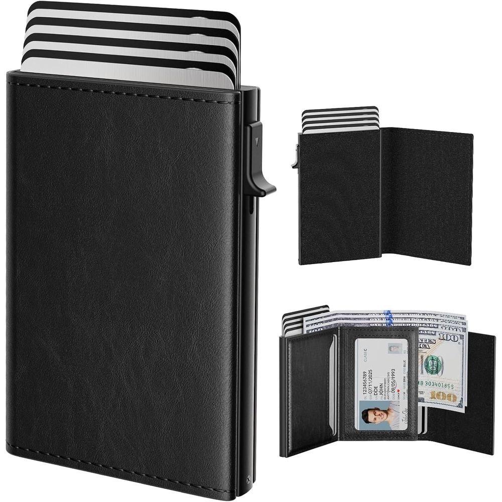 image:imagetypecase Mens Wallet Card Holder Pop Up Aluminum Case Genuine Leather Smart RFID Blocking Slim Minimalist Front Pocket  914 Card Capacity  ID Window  Cash Slot Antique BrownWax Oil Black