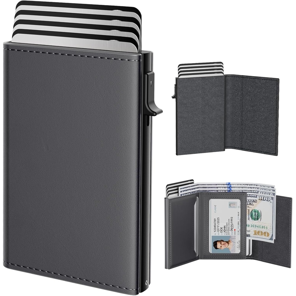 image:imagetypecase Mens Wallet Card Holder Pop Up Aluminum Case Genuine Leather Smart RFID Blocking Slim Minimalist Front Pocket  914 Card Capacity  ID Window  Cash Slot Antique BrownDeep Grey