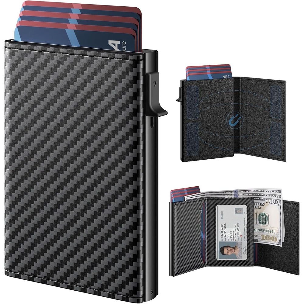 image:imagetypecase Mens Wallet Card Holder Pop Up Aluminum Case Genuine Leather Smart RFID Blocking Slim Minimalist Front Pocket 914 Card Capacity ID Window Cash Slot Antique BrownCarbon Fiber Black