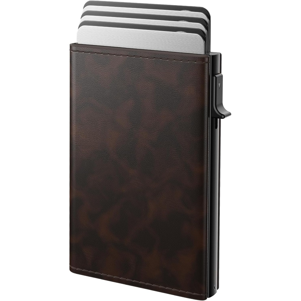 image:imagetypecase Mens Wallet Card Holder Pop Up Aluminum Case Genuine Leather Smart RFID Blocking Slim Minimalist Front Pocket 914 Card Capacity ID Window Cash Slot Antique BrownAntique Brown
