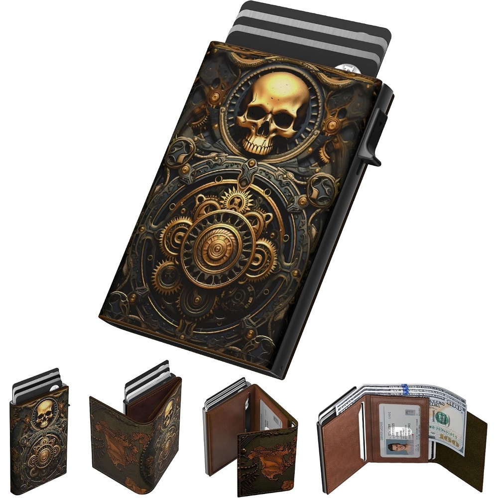 image:imagetypecase Mens Wallet Card Holder Pop Up Aluminum Case Genuine Leather Smart RFID Blocking Slim Minimalist Front Pocket  914 Card Capacity  ID Window  Cash Slot Antique BrownSkull