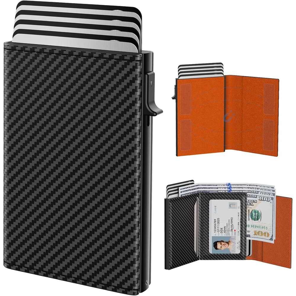 image:imagetypecase Mens Wallet Card Holder Pop Up Aluminum Case Genuine Leather Smart RFID Blocking Slim Minimalist Front Pocket  914 Card Capacity  ID Window  Cash Slot Antique Brown    Carbon Fiber Orange