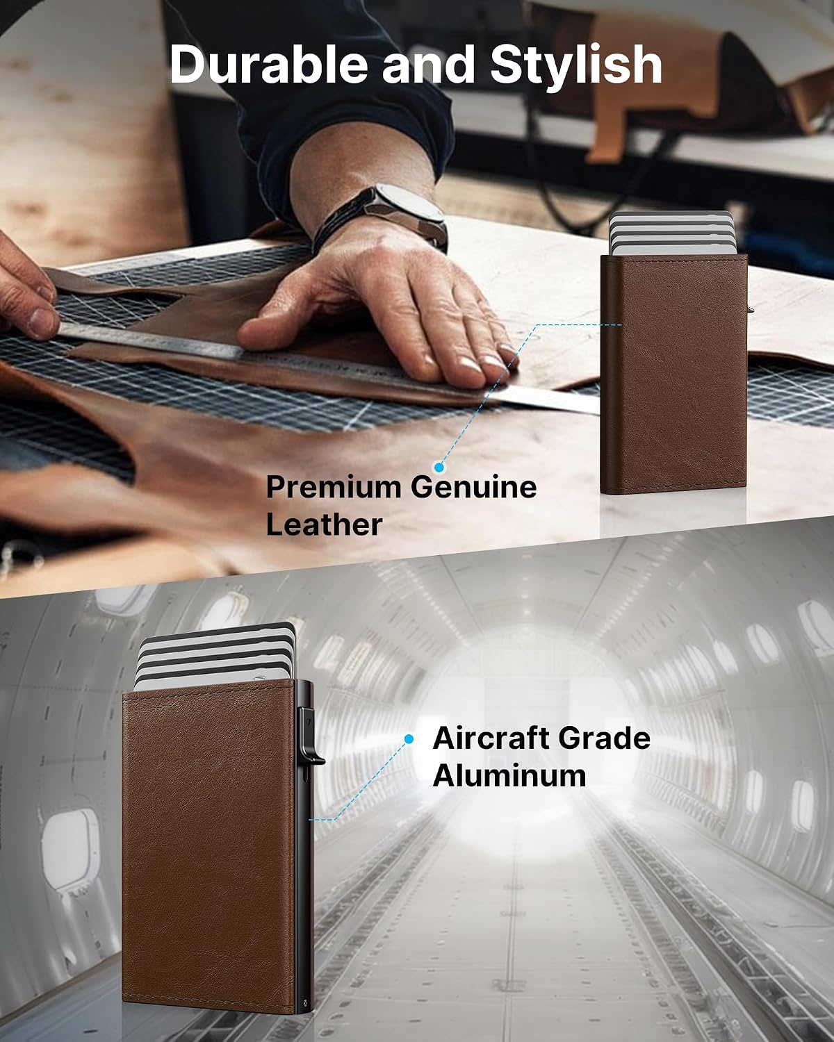 image:imagetypecase Mens Wallet Card Holder Pop Up Aluminum Case Genuine Leather Smart RFID Blocking Slim Minimalist Front Pocket 914 Card Capacity ID Window Cash Slot Antique BrownBlack Brown