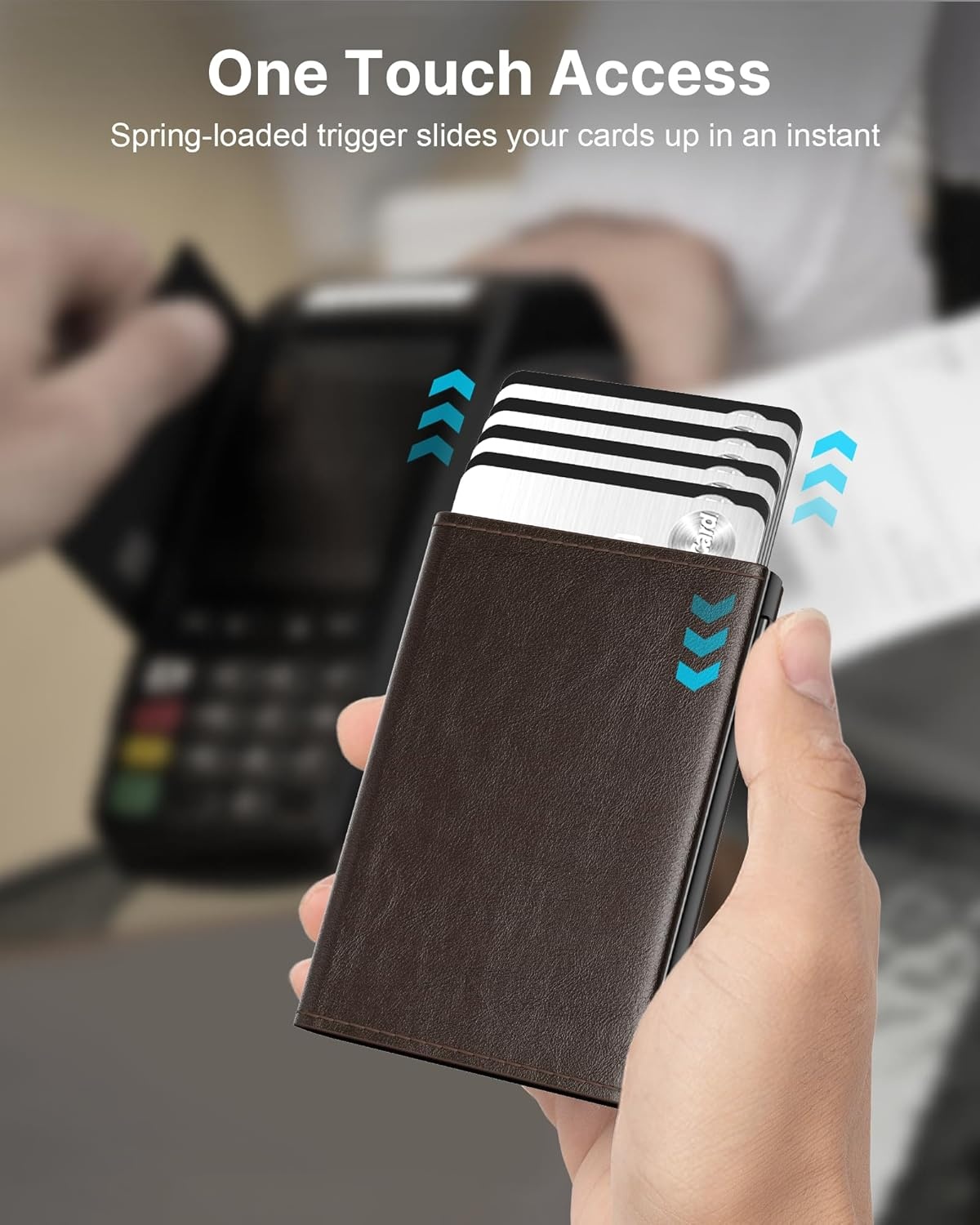 image:imagetypecase Mens Wallet Card Holder Pop Up Aluminum Case Genuine Leather Smart RFID Blocking Slim Minimalist Front Pocket 914 Card Capacity ID Window Cash Slot Antique BrownBlack Brown