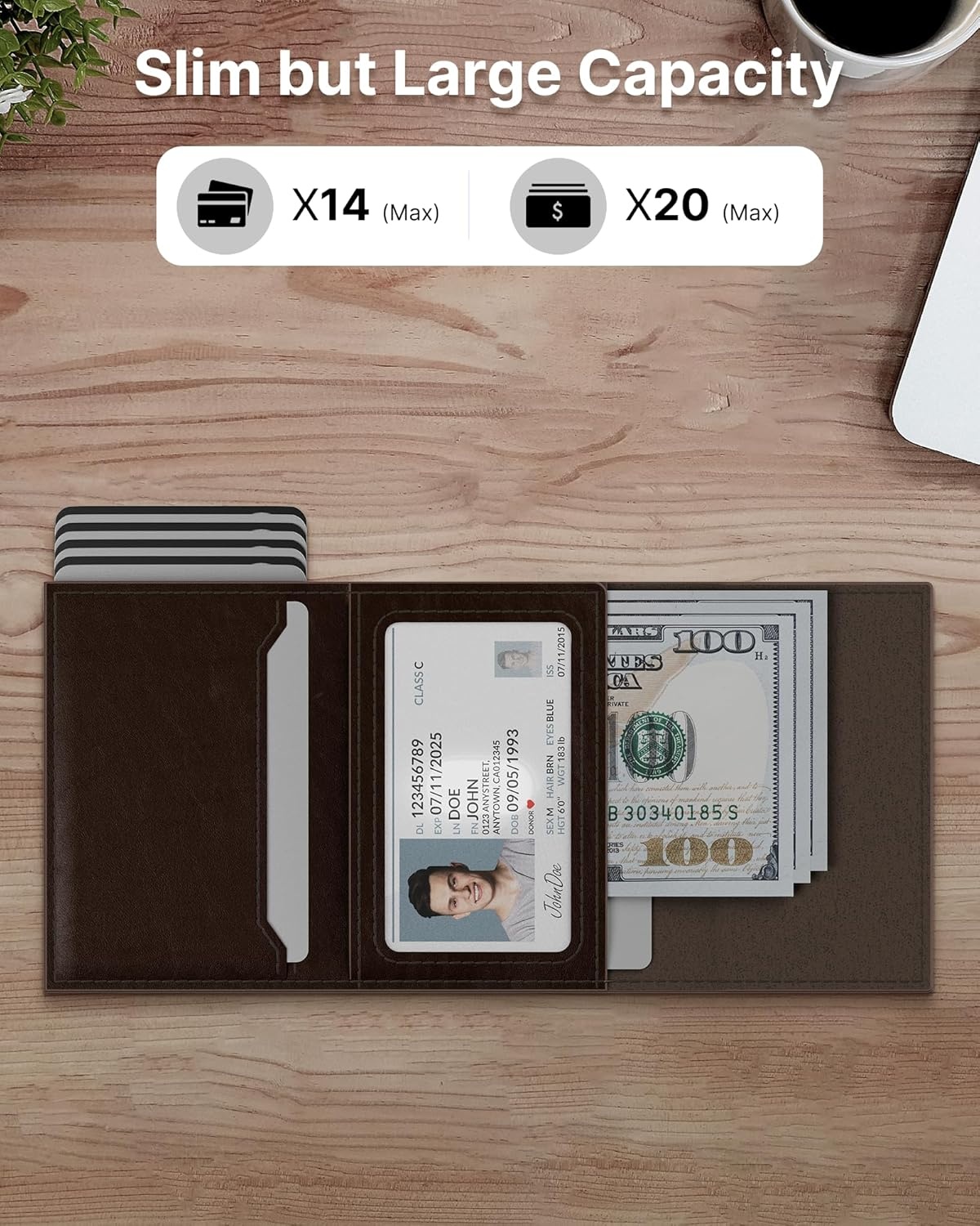 image:imagetypecase Mens Wallet Card Holder Pop Up Aluminum Case Genuine Leather Smart RFID Blocking Slim Minimalist Front Pocket 914 Card Capacity ID Window Cash Slot Antique BrownBlack Brown
