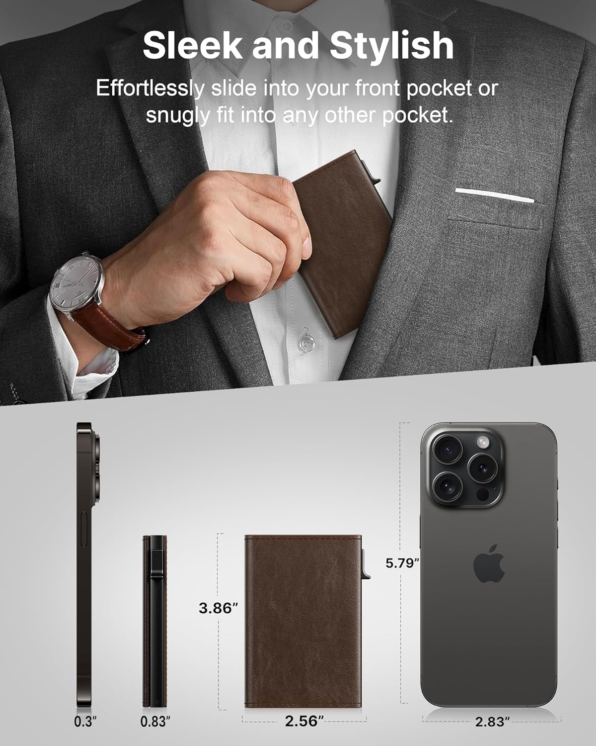 image:imagetypecase Mens Wallet Card Holder Pop Up Aluminum Case Genuine Leather Smart RFID Blocking Slim Minimalist Front Pocket 914 Card Capacity ID Window Cash Slot Antique BrownBlack Brown