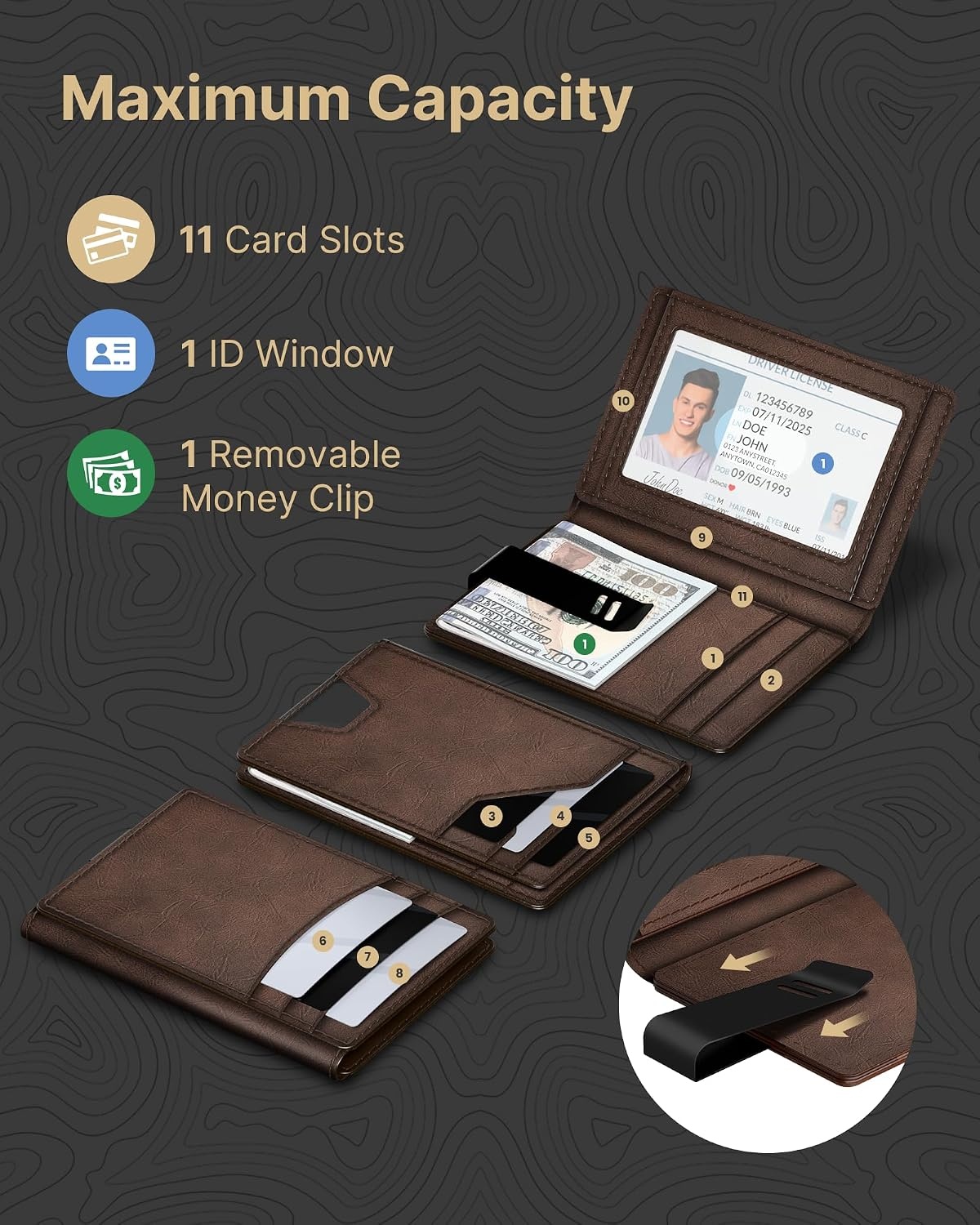 image:imagetypecase Leather Wallet for Men Card Holder Premium Genuine Leather RFID Blocking Slim Minimalist Front Pocket 15 Cards Capacity ID Window Money Clip Deep BrownBrown Burnished