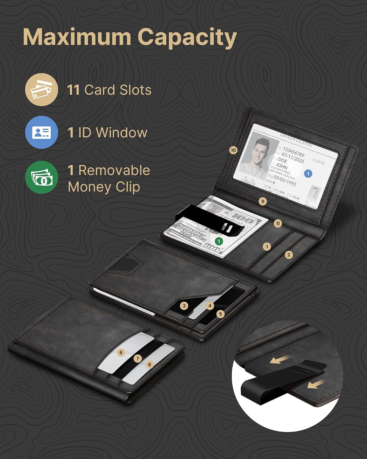 image:imagetypecase Leather Wallet for Men Card Holder Premium Genuine Leather RFID Blocking Slim Minimalist Front Pocket 15 Cards Capacity ID Window Money Clip Deep BrownBlack Burnished