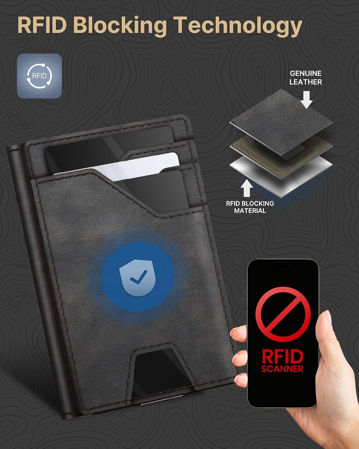 image:imagetypecase Leather Wallet for Men Card Holder Premium Genuine Leather RFID Blocking Slim Minimalist Front Pocket 15 Cards Capacity ID Window Money Clip Deep BrownBlack Burnished